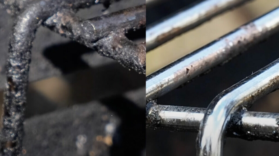 Det trengs nødvendigvis ikke så mye jobb for å få grillristen skinnende ren igjen. Vi viser deg hvordan du gjør det riktig. (Foto: Kreative Ideer) Vaske og rense grill: Bilde av før og etter vask og rens av grillrist.