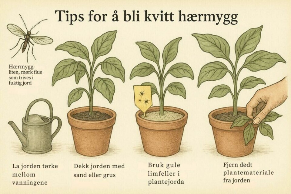 (Foto: Miriam Schjetlein) Illustrasjon med fire potteplanter og konkrete tips mot hærmygg. Viser hvordan man kan bekjempe plantefluer ved å la jorda tørke, dekke med sand, bruke limfeller og fjerne dødt plantemateriale. En tegnet hærmygg vises til venstre, sammen med en vannkanne.
