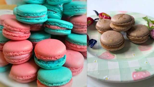 Hjemmebakte makroner i to varianter – klassiske pasteller og fyldige Dumle-makroner med karamellsmak. (Foto: Miriam Schjetlein)