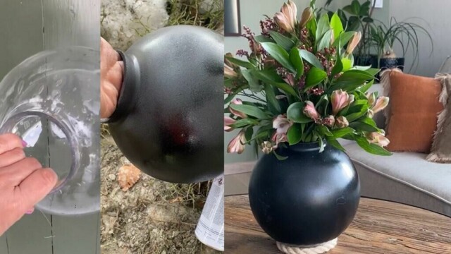 En gammel lampekuppel får nytt liv som stilren vase med litt spraymaling. (Foto: Lise Wolden)