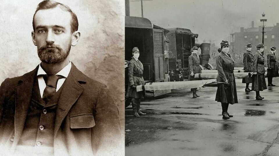 Et portrett av Friedrich Trump, Donald Trumps bestefar, ved siden av et foto av sykepleiere klare til å frakte mennesker smittet av H1N1-viruset.