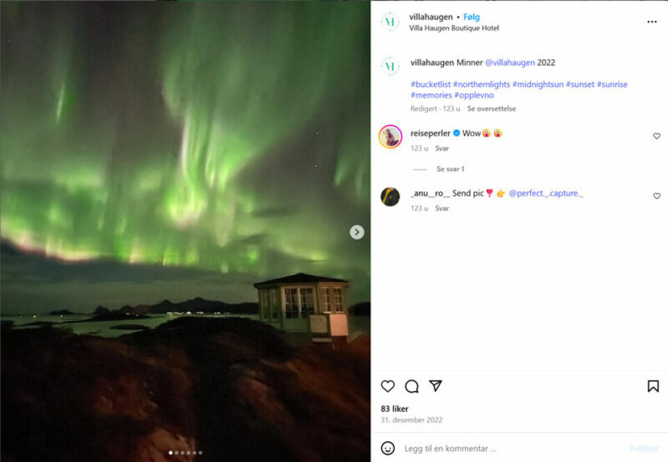 Villa Haugen tiltrekker seg både nordlysturistene og dem som vil oppleve midnattssolen. Villa Haugen tiltrekker seg både nordlysturistene og dem som vil oppleve midnattssolen. Foto: Skjermdump @villahaugen Instagram