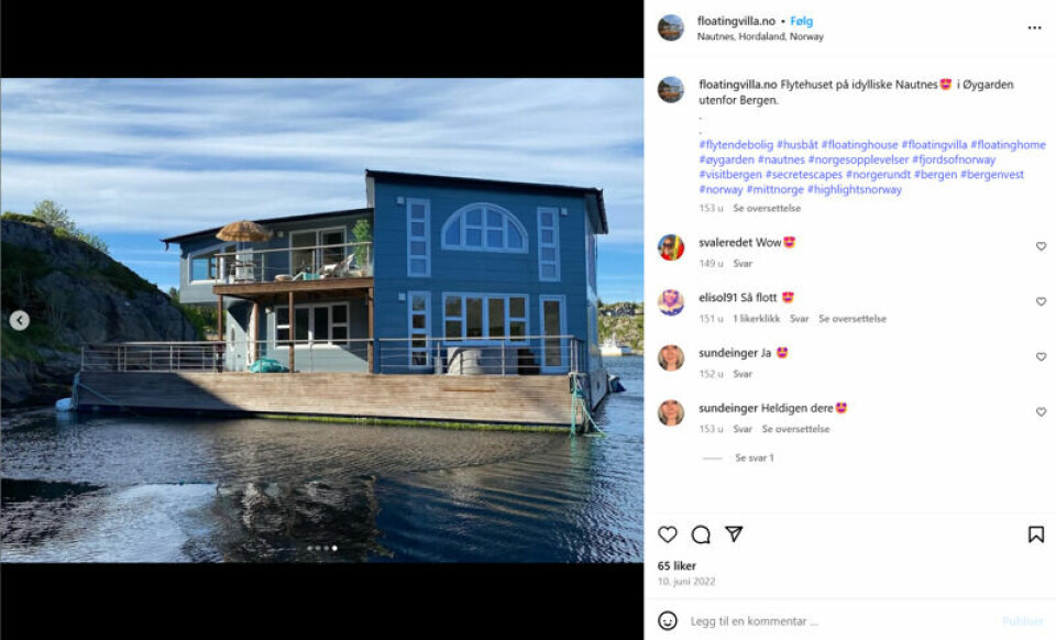 I utlandet finnes det mange flytende villaer, men ikke her til lands. Dette er en av få, og den ligger noen hundre meter fra Cornelius Sjømatrestaurant utenfor Bergen. I utlandet finnes det mange flytende villaer, men ikke her til lands. Dette er en av få, og den ligger noen hundre meter fra Cornelius Sjømatrestaurant utenfor Bergen. Foto: Skjermdump @floatingvilla.no Instagram