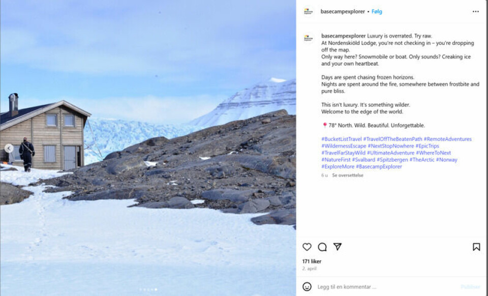 Nordenskiöld Lodge på Svalbard er verdens nordligste betjente hytte. Nordenskiöld Lodge på Svalbard er verdens nordligste betjente hytte. Foto: Skjermdump @basecampexplorer Instagram