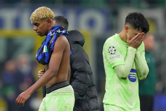 Lamine Yamal (t.v.) og Barcelona røk ut mot Inter i Champions League-semifinalen.
