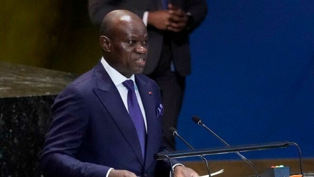 Fungerende president og juntaleder i Gabon, Brice Oligui Nguema, ligger an til å vinne presidentvalget i landet. Her fra FNs hovedforsamling i fjor.