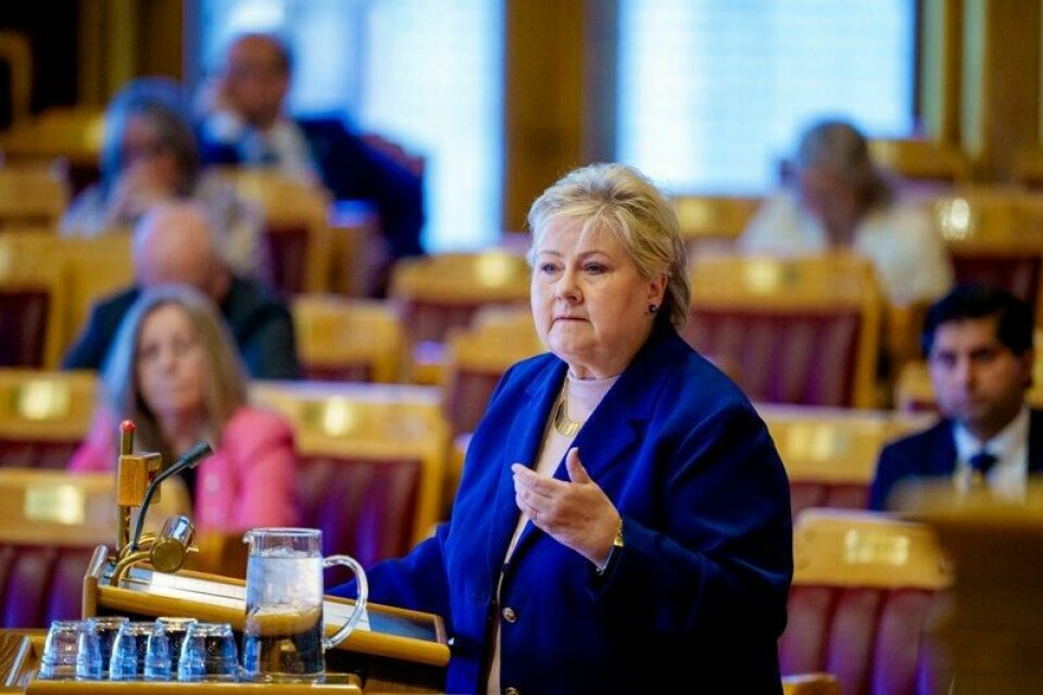 Partileder i Høyre, Erna Solberg under den muntlige spørretimen i Stortinget. Partileder i Høyre, Erna Solberg under den muntlige spørretimen i Stortinget. Foto: Stian Lysberg Solum / NTB