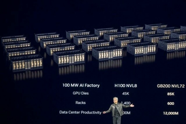 Nvidia-sjef Jensen Huang under åpningstalen på utviklerkonferansen GTC i mars.