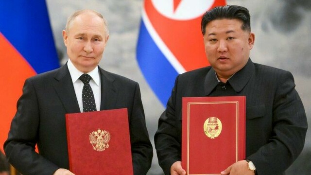 Russlands president Vladimir Putin og Nord-Koreas leder Kim Jong-un skrev blant annet under ny avtale i juni 2024.