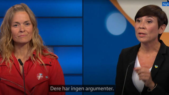 FOR-leder Marielle Leraand og Høyres utenrikspolitiske talsperson Ine Eriksen Søreide i Debatten på NRK tirsdag.