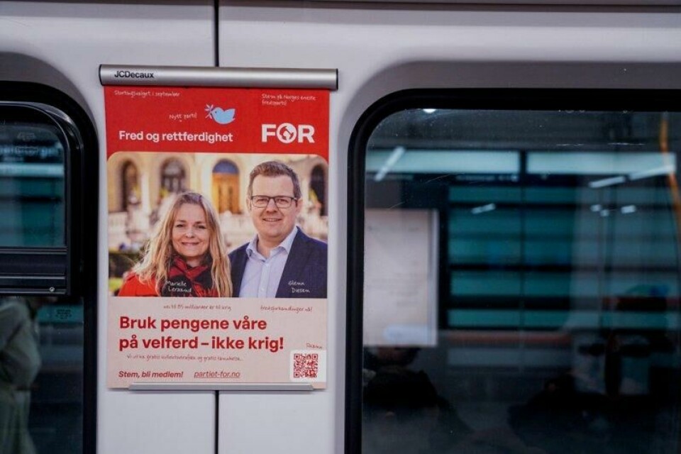 Reklameplakater til partiet Fred og rettferdighet (FOR) på T-banen i Oslo. Foto: Ole Berg-Rusten / NTB Reklameplakater til partiet Fred og rettferdighet (FOR) på T-banen i Oslo. Foto: Ole Berg-Rusten / NTB Foto: NTB