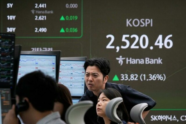 Børsen i Sør-Koreas hovedstad Seoul er blant mange som har svingt i takt med de mange tollutspillene fra USAs president Donald Trump. Torsdag opplyser landets sentralbank at økonomien krympet i første kvartal. Arkivfoto: Ahn Young-joon / AP / NTB