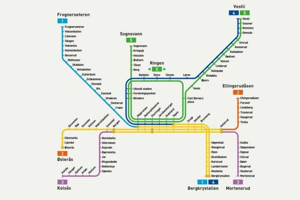 Slik ser avvikene ut på T-banen i april. Slik ser avvikene ut på T-banen i april. Foto: Skjermbilde / Ruter