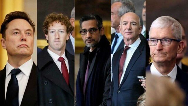 Tesla-sjef Elon Musk, Meta-sjef Mark Zuckerberg, Google-sjef Sundar Pichai, Amazon-grunnlegger Jeff Bezos og Apple-sjef Tim Cook.