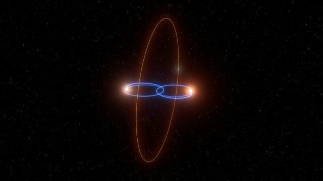 Denne illustrasjonen fra ESO viser den mulige banen til en ny eksoplanet rundt to brune dverger, eller mislykkede stjerner, 120 lysår unna. Illustrasjon: Luis Calçada / ESO / AP / NTB