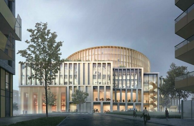 Konseptet «Sirkulær» av Nordic Office of Architecture med Arup Architecture og Rodeo Arkitekter er innstilt som vinner av konkurransen om NRKs nye hovedkontor i Oslo. Illustrasjon: Nordic Office of Architecture med Arup Architecture og Rodeo Arkitekter / Handout / NTB