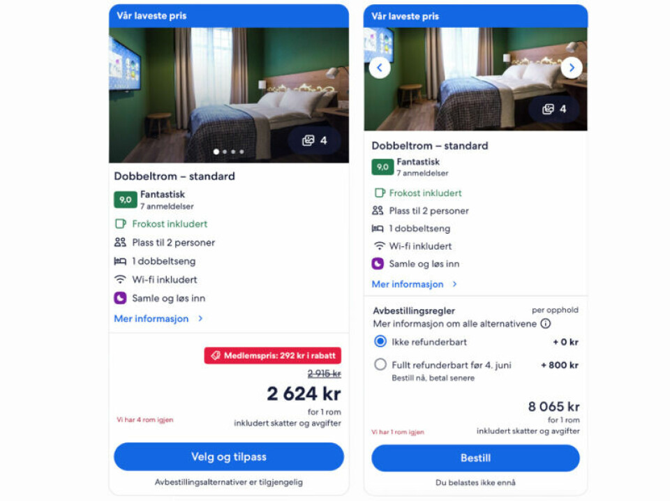 På Hotels.com kan man se at prisene er langt høyere onsdag til torsdag denne uken (t.h) enn tilsvarende dager i midten av august (t.v). På Hotels.com kan man se at prisene er langt høyere onsdag til torsdag denne uken (t.h) enn tilsvarende dager i midten av august (t.v). Foto: Skjermdump fra Hotels.com