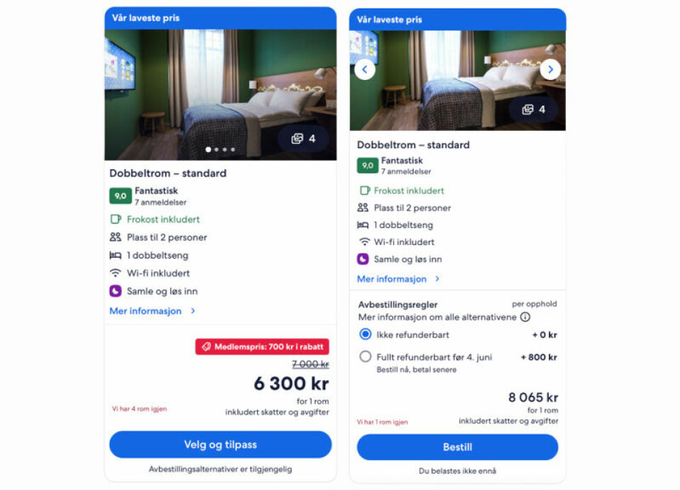 Mandag 2. juni opplevde to ulike brukere at prisen for et standard dobbeltrom på Hotel Bondeheimen i Oslo, for overnatting 4.–5. juni, varierte fra 6300 og 8065 kroner. Mandag 2. juni opplevde to ulike brukere at prisen for et standard dobbeltrom på Hotel Bondeheimen i Oslo, for overnatting 4.–5. juni, varierte fra 6300 og 8065 kroner. Foto: Skjermdump fra Hotels.com