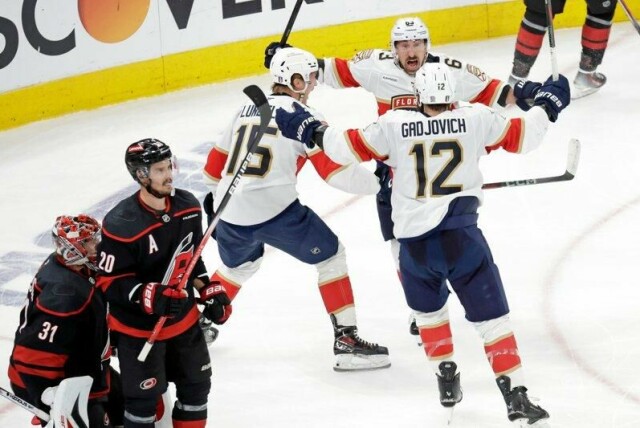 Panthers spillerne jubler over målet til Anton Lundell (nummer 15).