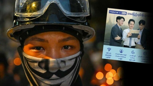 I mars 2021 kunne man fortsatt demonstrere åpenlyst i Myanmar, men så ble det til og med vanskelig å uttrykke sin misnøye med regimet online. Kuppet endret også betingelsene for næringsaktører, men fire år senere er Norfund fortsatt investert i et omstridt selskap. Foto: AFP / NTB, Faksimile: Frontiir