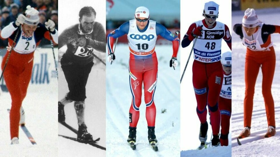 Norske skimonarker: Oddvar Brå, Torleif Haug. Petter Northug, Bente Skari (med Hilde Gjermundshaug Pedersen rett bak) og Berit Aunli.