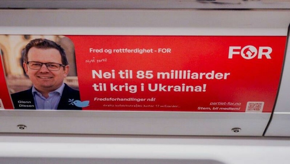 Reklameplakater til partiet Fred og rettferdighet (FOR) på T-banen i Oslo. Reklameplakater til partiet Fred og rettferdighet (FOR) på T-banen i Oslo. Foto: Ole Berg-Rusten / NTB