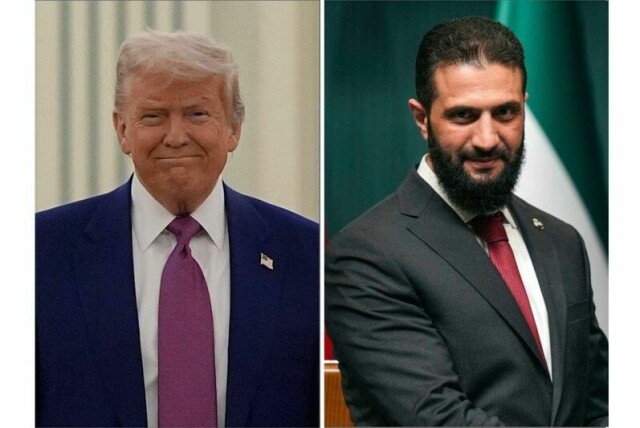 USAs president Donald Trump (t.v.) møtte Syrias midlertidige president Ahmed al-Sharaa onsdag.
