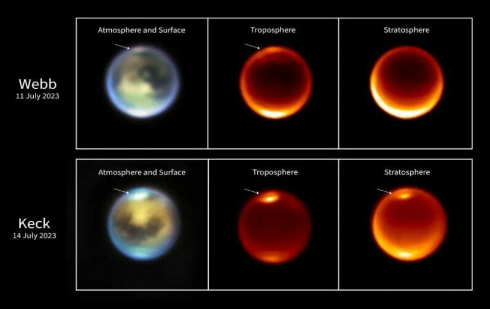 Disse bildene er tatt av både Webb og Keck-teleskopene, og viser skyer i atmosfæren i løpet av en dag og i forskjellige høyder. (Foto: NASA, ESA, CSA, STScI, W. M. Keck Observatory.) Disse bildene er tatt av både Webb og Keck-teleskopene, og viser skyer i atmosfæren i løpet av en dag og i forskjellige høyder. (Foto: NASA, ESA, CSA, STScI, W. M. Keck Observatory.) Foto: forskning