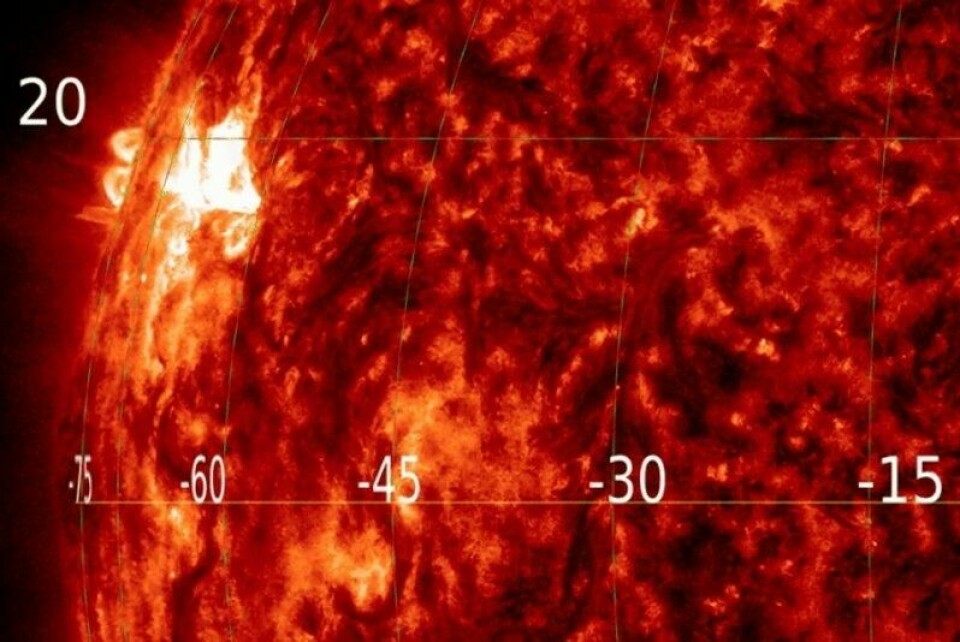 Under kan du se et eksempel på en eksplosjon på sola. Denne skjedde 14.5.2025. Sett av Solar Dynamics Observatory (NASA) Under kan du se et eksempel på en eksplosjon på sola. Denne skjedde 14.5.2025. Sett av Solar Dynamics Observatory (NASA) Foto: forskning