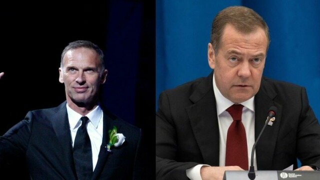 Dominik Hasek (t.v) og Dimitrij Medvedev.