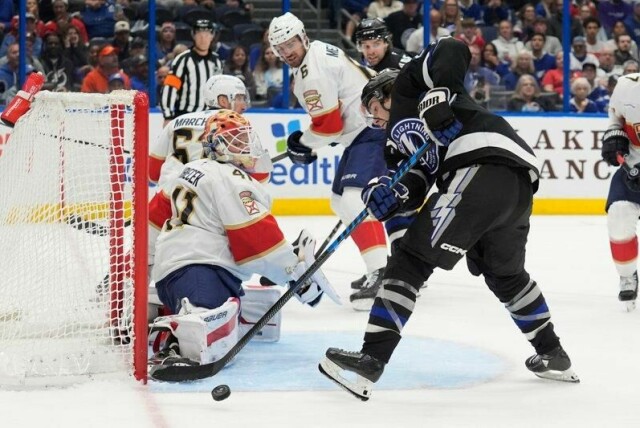 Florida Panthers-keeper Vitek Vanecek redder et skudd fra Tampa Bay Lightning-senter Brayden Point.