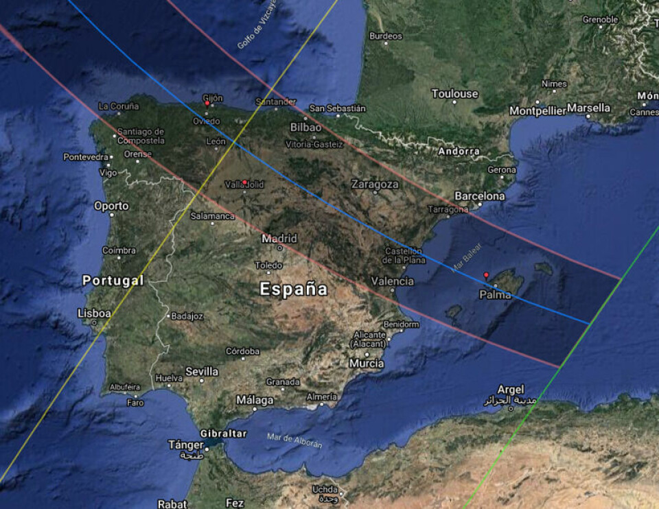 Innenfor dette observasjonsbeltet vil solformørkelsen være synlig. Innenfor dette observasjonsbeltet vil solformørkelsen være synlig. Foto: TURESPAÑA