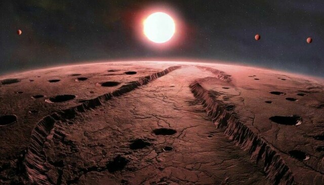 Illustrasjon av hvordan det kan se ut på overflaten av en av planetene. Tre andre ses på himmelen. (Foto: Observatory/NOIRLab/NSF/AURA/R. Proctor/J. Pollard)
