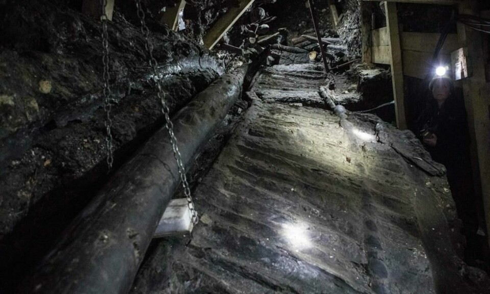 Denne åtte meter lang tretrappen har arkeologene datert tilbake til 1100 f.Kr. Foto: Alex Halada/AFP Denne åtte meter lang tretrappen har arkeologene datert tilbake til 1100 f.Kr. Foto: Alex Halada/AFP