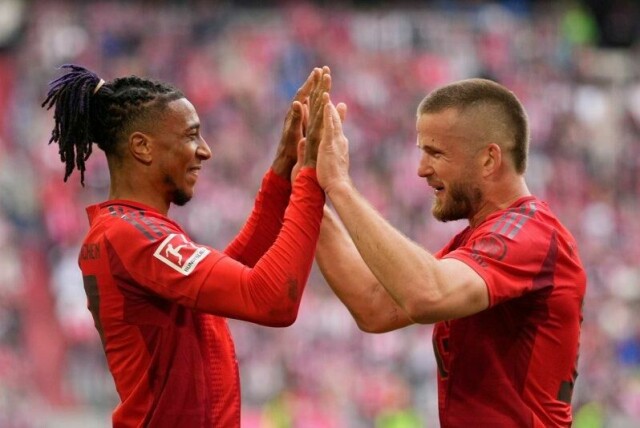Bayern München nærmer seg ligatittelen. Michael Olise og Eric Dier scoret begge i seieren lørdag.