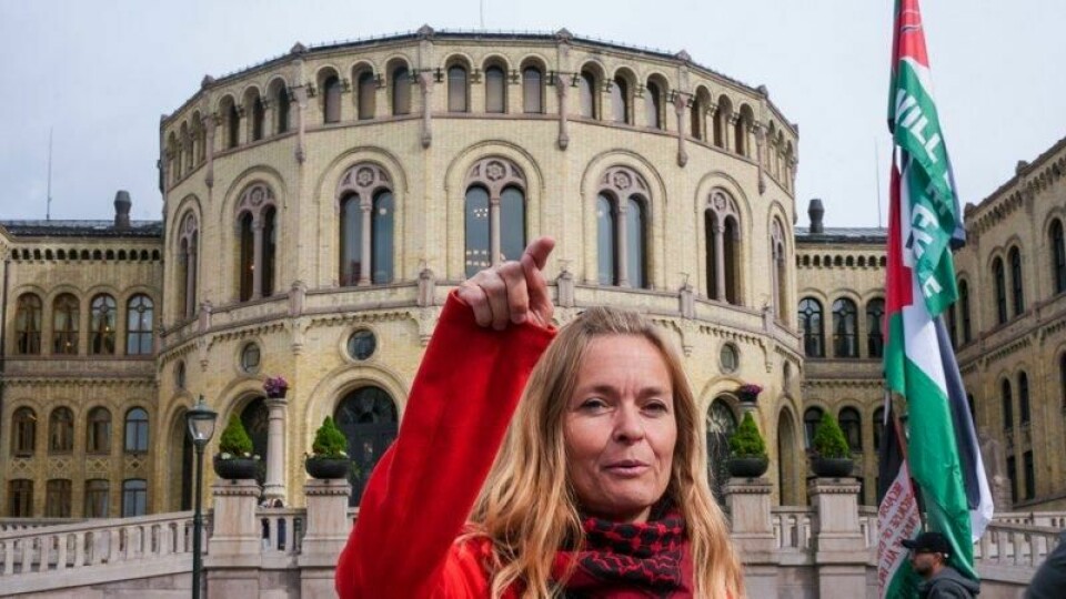 Partileder for Partiet Fred og rettferdighet Marielle Leraand under en motdemonstrasjon foran Stortinget. Partileder for Partiet Fred og rettferdighet Marielle Leraand under en motdemonstrasjon foran Stortinget. Foto: Terje Pedersen / NTB