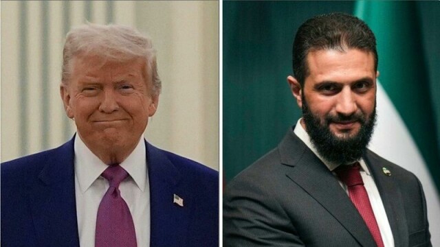 USAs president Donald Trump (t.v.) møtte Syrias midlertidige president Ahmed al-Sharaa onsdag.