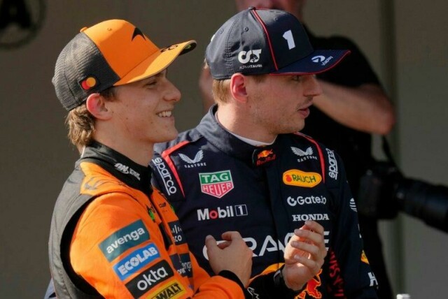 Oscar Piastri (til v.) vant kvalifiseringen i Imola foran Max Verstappen.