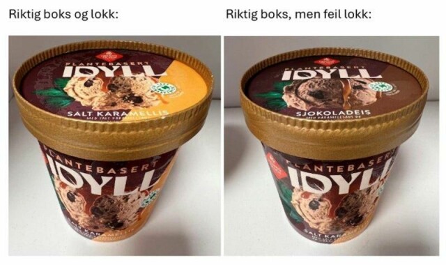 Hennig-Olsen Is trekker tilbake et parti av produktene Idyll Salt Karamell, ettersom noen beger har fått feil lokk. Lokket viser feil produkt. Dette kan utgjøre en helsefare for personer med peanøttallergi.