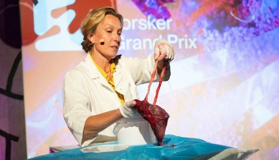 Helene Peterson viste frem en morkake både på den lokale og nasjonale finalen av Forsker Grand Prix. Her fra den lokale. Helene Peterson viste frem en morkake både på den lokale og nasjonale finalen av Forsker Grand Prix. Her fra den lokale. Foto: Åsne Rambøl Hillestad / UiO