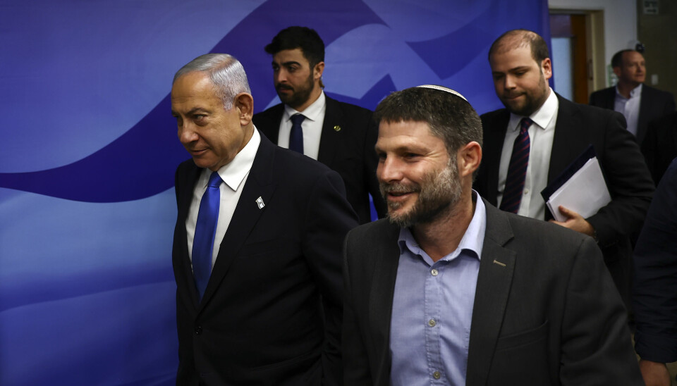 Israels finansminister, den ytterliggående høyrenasjonalisten Bezalel Smotrich (t.h.), har tatt til orde for å fordrive palestinerne fra Gazastripen og annektere den okkuperte Vestbredden. Her er han sammen med statsminister Benjamin Netanyahu.