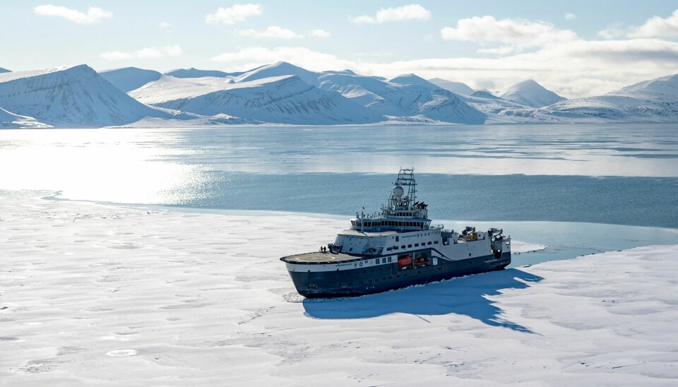 Isbryteren og forskningsfartøyet Kronprins Haakon seiler gjennom en fjord dekket av havis øst for Spitsbergen i april.