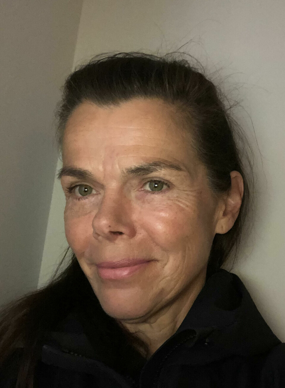 Professor: Ville ikke løpt maraton mer enn én gang i året Bildet viser en kvinne som ser direkte mot kamera og smiler svakt. Hun har mørkt, brunt hår som er trukket bakover, grønne øyne og en naturlig, lett solbrun hudtone med noen aldringstegn som smilerynker. Hun er kledd i mørk jakke eller genser, og står foran en nøytral, lys vegg med mykt innendørslys. Stemningen i bildet er rolig og profesjonell, og bakgrunnen er enkel og uten forstyrrende elementer.