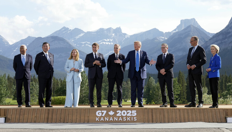 G7-lederne – fra venstre; EU-president Antonio Costa, Japans statsminister Shigeru Ishiba, Italias statsminister Giorgia Meloni, Frankrikes president Emmanuel Macron, Canadas statsminister Mark Carney, USAs president Donald Trump, Storbritannias statsminister Keir Starmer, Tysklands forbundskansler Friedrich Merz og EU-kommisjonens leder Ursula von der Leyen – kom natt til tirsdag norsk tid med en slutterklæring.
