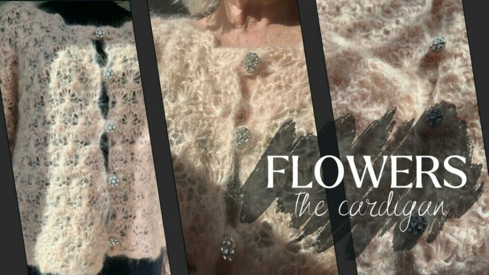 Flowers Romance Cardigan strikkes i fluffy mohair og pyntes med glitrende knapper. En feminin og dekorativ jakke som matcher den populære Flowers-genseren. (Foto: Kreative ideer/Aurora Lange) Nærbilder av Flowers Romance Cardigan strikket i dobbel mohair med dekorative blomsterrekker og glitrende knapper. Cardiganen er en del av den populære Flowers-serien og strikkes i teknikken 'Flowers in a Row' som gir et romantisk og lett uttrykk. Flowers Romance Cardigan er det nyeste tilskuddet i den populære 'Flowers'-serien – en feminin, myk og flatterende jakke med dekorative blomster strikket i teknikken 'Flowers in a Row'.