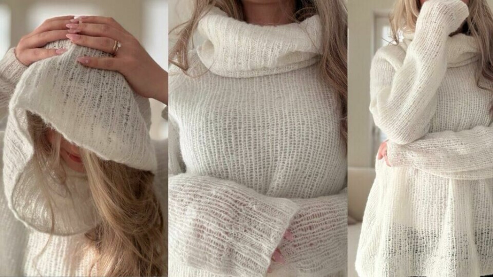 Agneta-genseren – en luksuriøs balaklava-genser i myk ribbestrikk, med høy hals og hette for maksimal komfort og stil. Agneta-genseren – en myk og stilfull balaklava-genser i hvit ribbestrikk. Bildet viser genseren fra tre ulike vinkler: til venstre bæres den med høy hals, i midten justeres kragen bakfra, og til høyre trekkes den integrerte hetten over hodet. Strikkegenseren har en luftig og elegant struktur, perfekt for kalde dager og en moderne, avslappet stil. Kombinert med lyse jeans for en tidløs look.