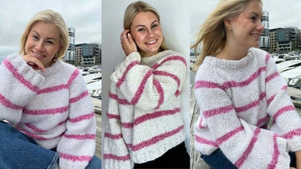 Carolinegenseren fra Knitting by Emilie – en chunky og myk genser med trendy striper, perfekt for kjølige dager! (Foto: Kreative Ideer/Aurora Lange) Carolinegenseren fra Knitting by Emilie er en oversized strikkegenser med brede rosa striper på en hvit base. Genseren er strikket i tykk og fluffy mohairblanding, som gir en lett, men varm følelse. Den har en romslig passform, vide ermer og en klassisk ribbestrikket hals. Perfekt for en avslappet, men stilfull look!