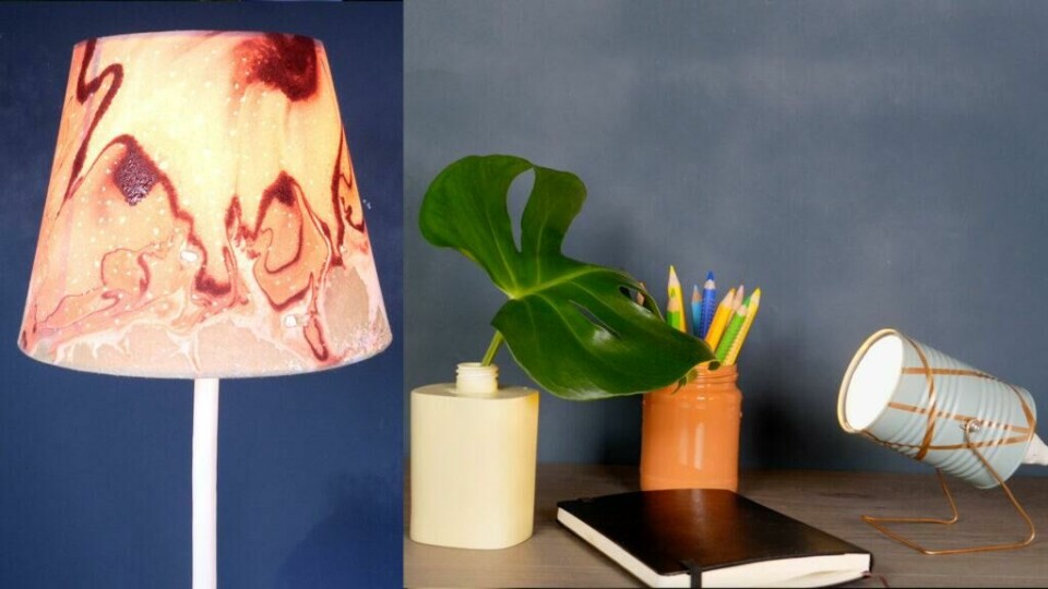 Forny en gammel lampe eller lampeskjerm med spraymaling. Eller lag en ny lampe av en hermetikkboks. (Foto: Miriam Schjetlein) To ulike lamper: Lampeskjerm farget med hydrodipping og en lampe laget av blikkboks.