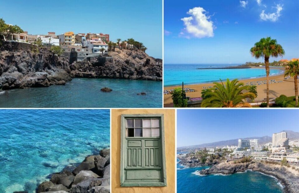 Los Cristianos, Playa de las Américas , Siam park og Arona; Enten du vil i vannpark, på luksusresorts, spille golf eller late deg på stranden, sørkysten av Tenerife kan by på alt! (Foto: Montasje av bilder fra Canva av Cecilie Aasland (ABC Startsiden)) Bildet er en collage av fem ulike motiver som sammen illustrerer et solrikt og naturskjønt reisemål: Øverst til venstre: Fargerike bygninger på en klippe over det klare, blå havet. Det vulkanske landskapet gir et dramatisk og autentisk preg. Øverst til høyre: En gyllen sandstrand med turkisblått vann, omgitt av palmer og solsenger. Et klassisk strandbilde som utstråler avslapning og ferieidyll. Nederst til venstre: Krystallklart vann med vulkanske steiner synlige under overflaten. Dette bildet fremhever det rene og innbydende havet. Midten nederst: Et grønnmalt vindu på en sennepsgul vegg, som gir et innblikk i lokal arkitektur og estetikk, med en rustikk og tradisjonell følelse. Nederst til høyre: Utsikt over en kystby med hoteller, bygninger og det blå havet i bakgrunnen. Kombinasjonen av natur og urbane elementer fremhever områdets rolle som en populær turistdestinasjon. Collagen viser et reisemål med vulkansk kystlinje, vakre strender og kulturelle innslag, sannsynligvis et sted kjent for sol, sjø og avslapning. Nord, sør, Santa Cruz de Tenerife, Las Americas, Teide eller Los Christianos, hvor skal man dra på den største av Kanariøyene, Tenerife?