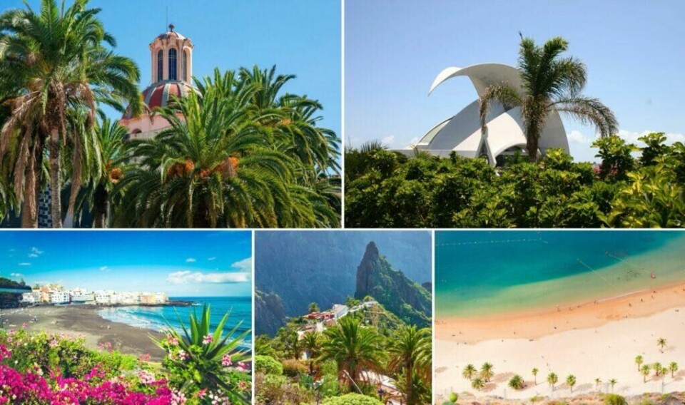 Santa Cruz de Tenerife, Puerto de la Cruz, La Orotava, historiske byer på UNESCOs verdensarvliste, kunstige sandstrender, unike bassengannlegg designet av verdenskjente kunstnere; Nordkysten av Tenerife kan by på mer enn bare vakker natur og flotte fotturer! (Foto: Montasje av bilder fra Canva av Cecilie Aasland (ABC Startsiden)) Bildet består av fem mindre bilder som fremhever ulike deler av et tropisk og kulturelt reisemål: Øverst til venstre: En kuppel på en bygning, omgitt av høye palmer og frodig grønt landskap, som gir et hint av lokal arkitektur og vegetasjon. Øverst til høyre: En moderne bygning med unike, kurvede former, delvis skjult bak tropiske planter, som gir et inntrykk av arkitektonisk innovasjon i harmoni med naturen. Nederst til venstre: En bystrand med svart sand og fargerike bygninger langs kysten, omgitt av blomster og grønt, noe som illustrerer et rolig og pittoresk kystmiljø. Midten nederst: En frodig dal med bratte klipper og små bygninger som klamrer seg til terrenget, som gir en følelse av dramatisk og naturskjønn geografi. Nederst til høyre: En gyllen strand med krystallklart vann og palmer, en idyllisk badeplass som formidler ferie- og strandliv. Samlet sett representerer disse bildene et reisemål som kombinerer naturlig skjønnhet, moderne arkitektur og kulturelle landemerker, sannsynligvis et sted kjent for sitt tropiske klima og variasjon i landskap. Nord, sør, Santa Cruz de Tenerife, Las Americas, Teide eller Los Christianos, hvor skal man dra på den største av Kanariøyene, Tenerife?